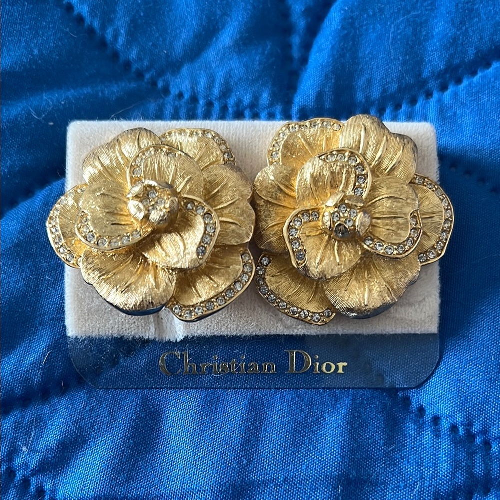 Christian Dior Vintage Deadstock Crystal Gold Flower Clip on Earrings